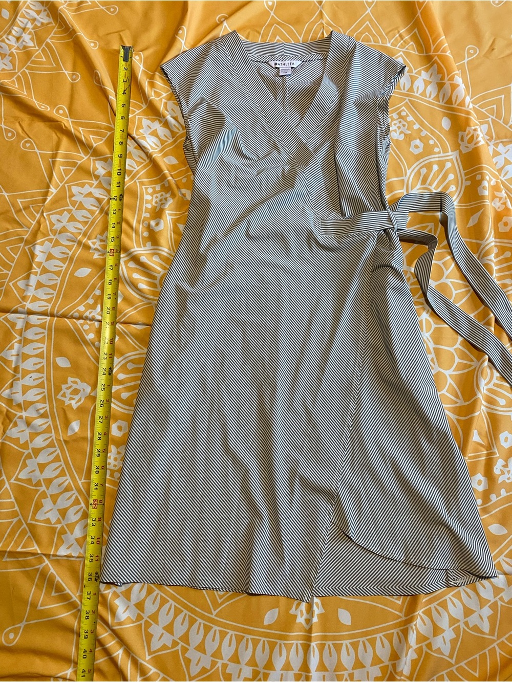 Athleta Newport short sleeve B/W City Stripe wrap midi Dress
